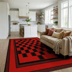 Bold Red Checkered Board Frame Rug - Living Room View