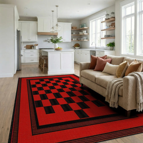 Bold Red Checkered Board Frame Rug - Living Room View