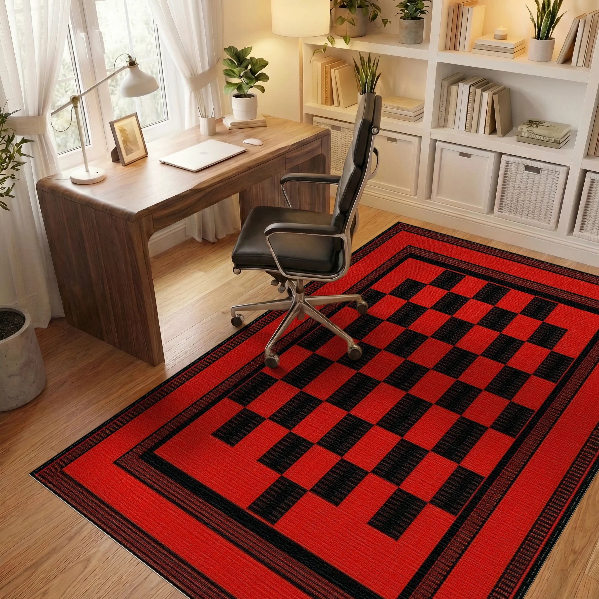 Bold Red Checkered Board Frame Rug - Office View