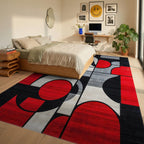 Bold Red Geometric Abstract Forms Rug - Bedroom View