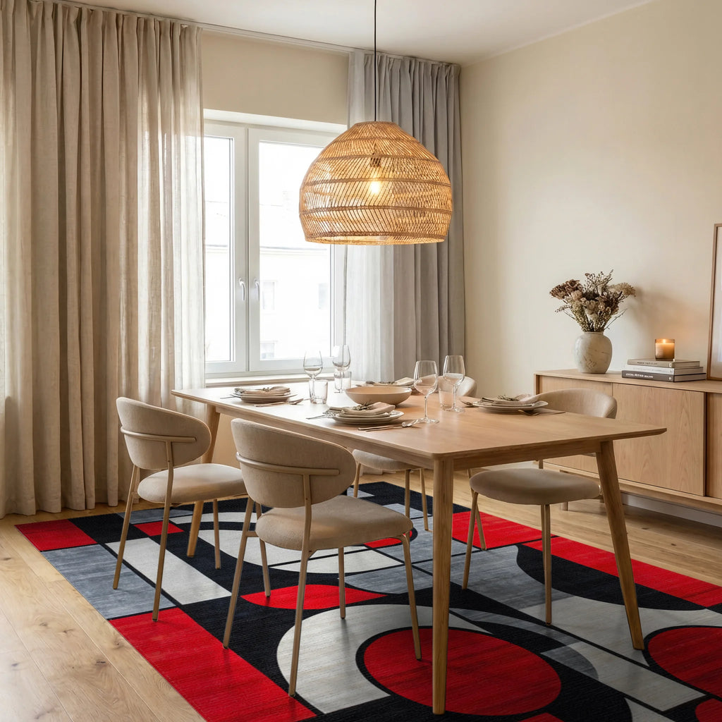 Bold Red Geometric Abstract Forms Rug - Dining Room View