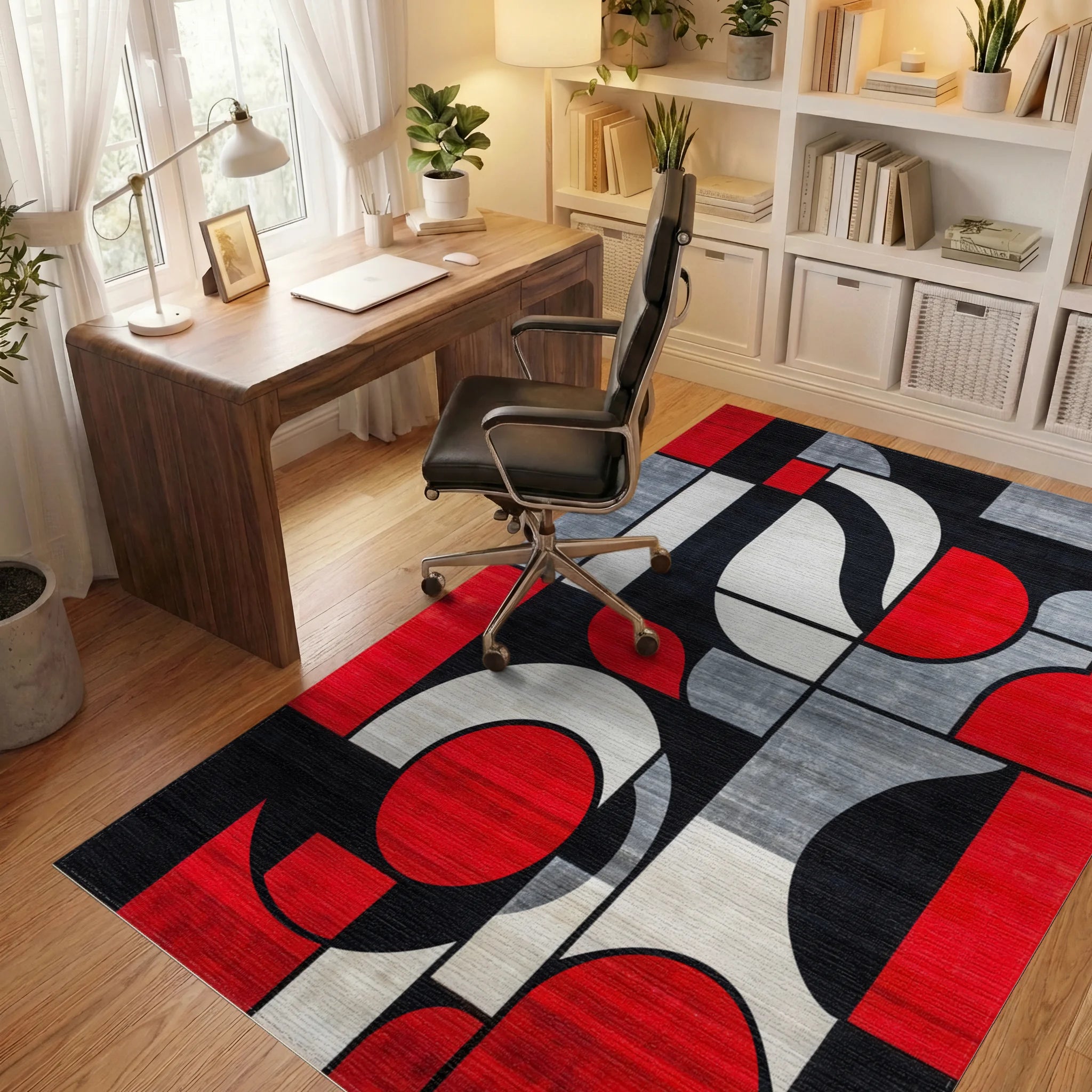 Bold Red Geometric Abstract Forms Rug - Office View