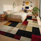 Bold Red Geometric Blocks Rug - Bedroom View