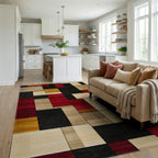Bold Red Geometric Blocks Rug - Living Room View