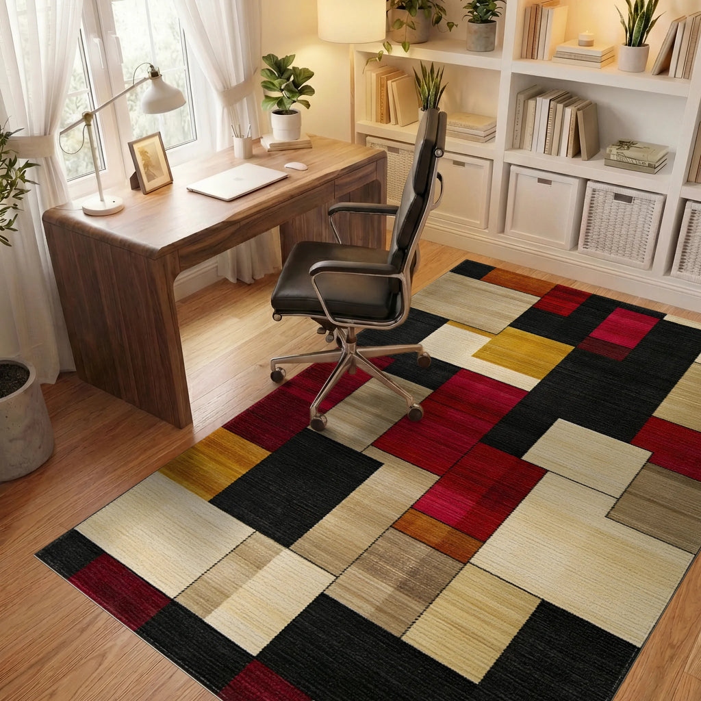 Bold Red Geometric Blocks Rug - Office View