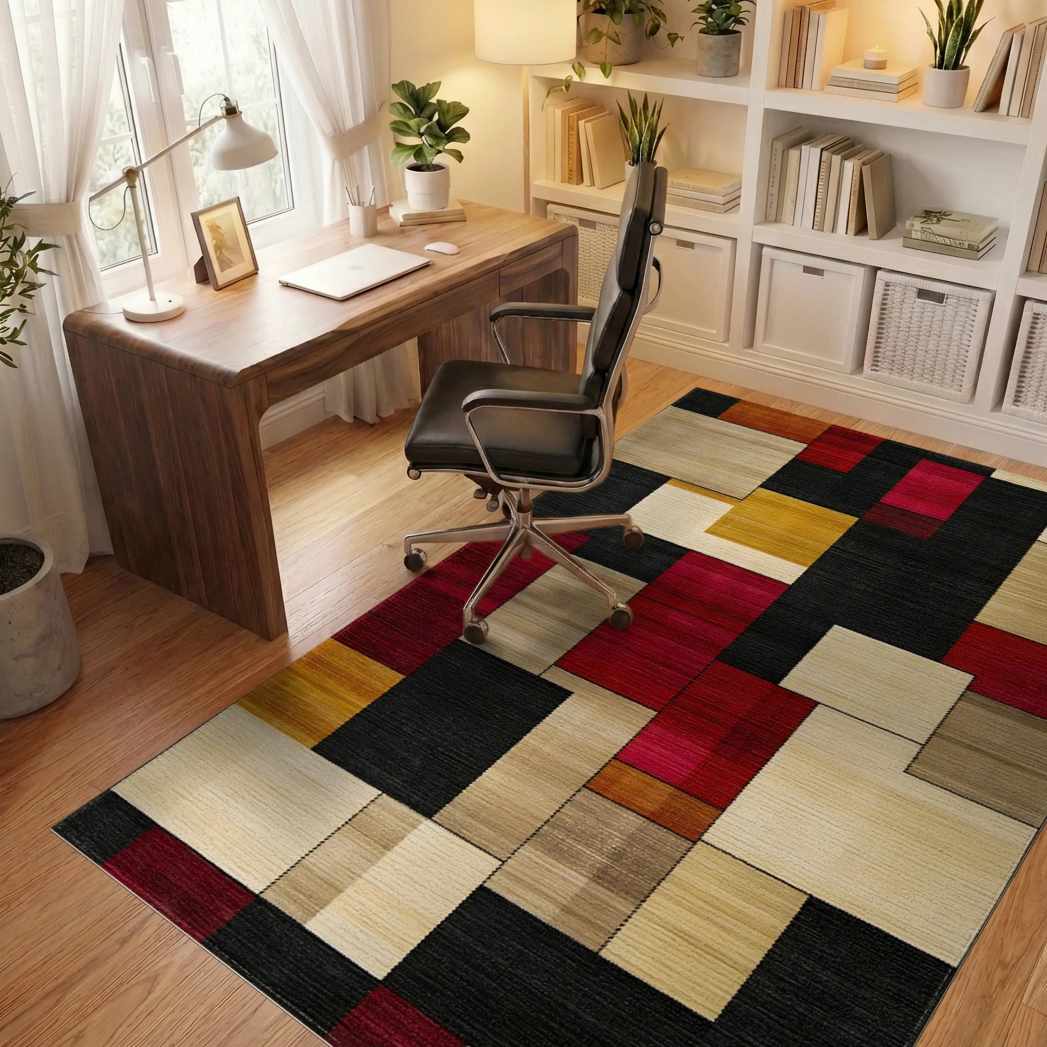 Bold Red Geometric Blocks Rug - Office View