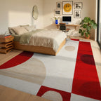Bold Red Geometric Circles Rug - Bedroom View