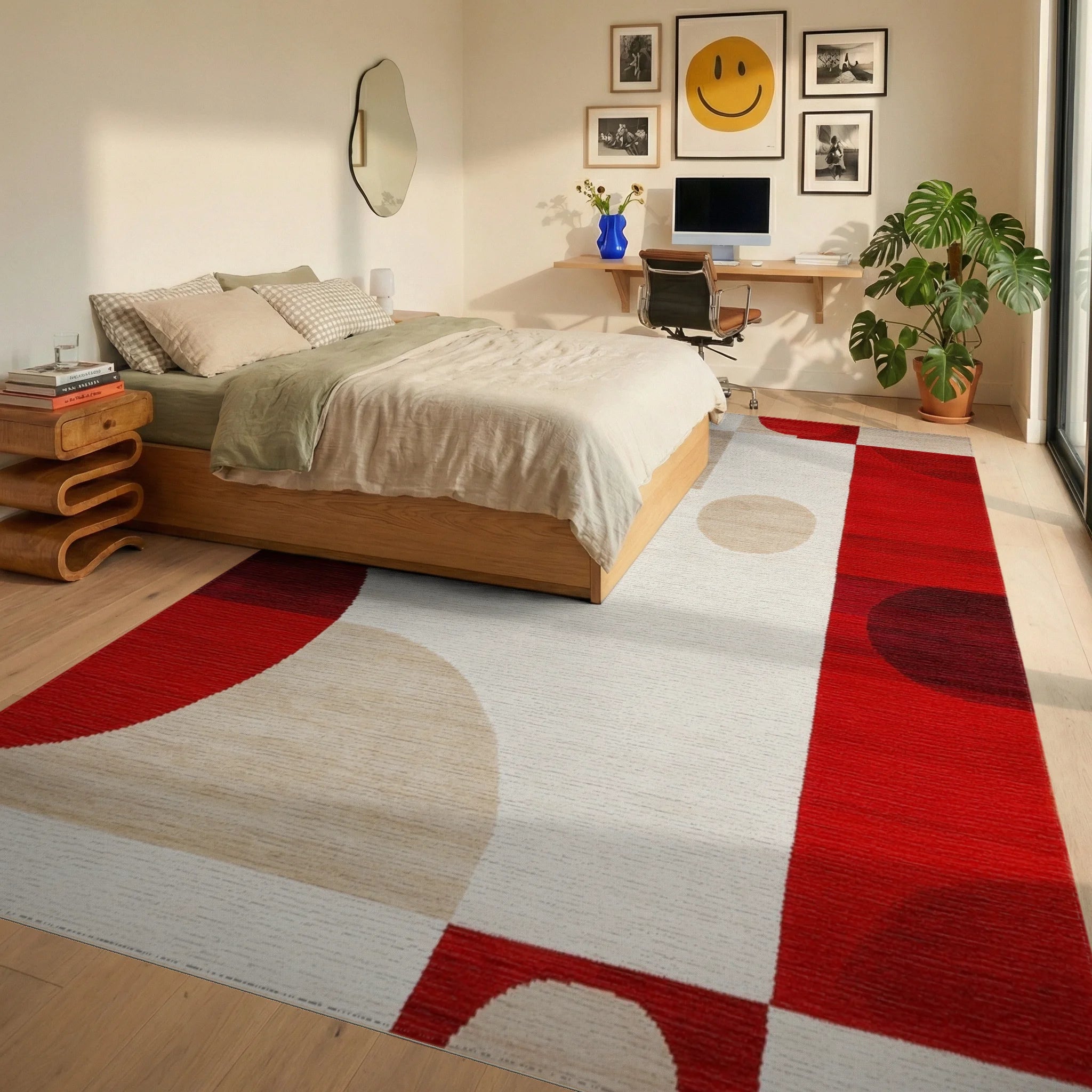 Bold Red Geometric Circles Rug - Bedroom View