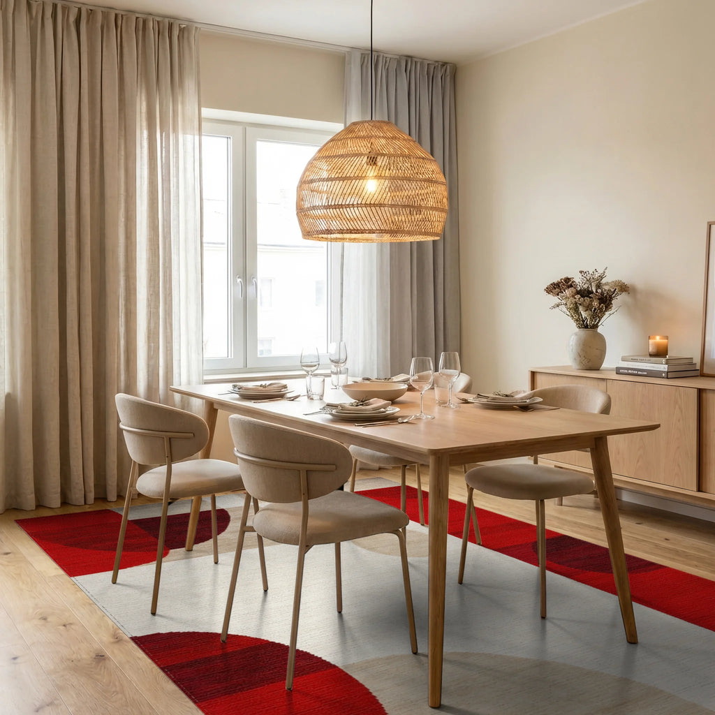 Bold Red Geometric Circles Rug - Dining Room View