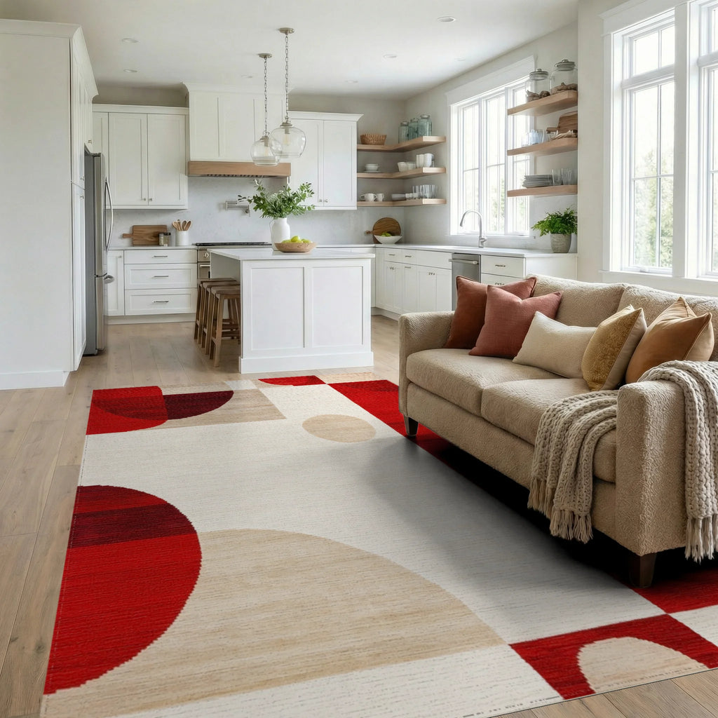 Bold Red Geometric Circles Rug - Living Room View