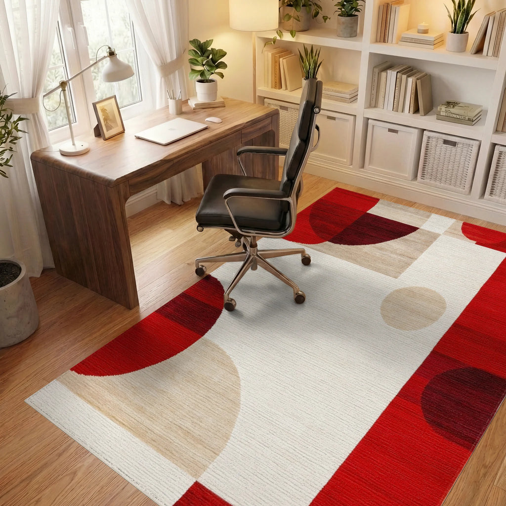 Bold Red Geometric Circles Rug - Office View
