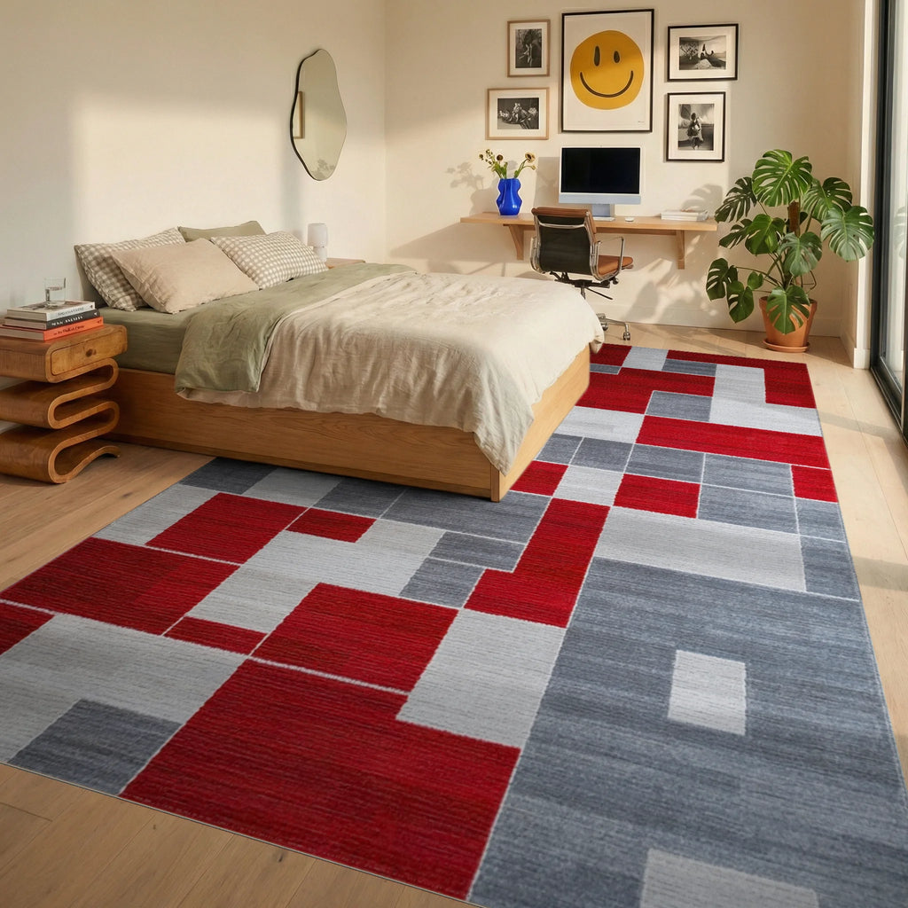 Bold Red Gray Geometric Block Rug - Bedroom View