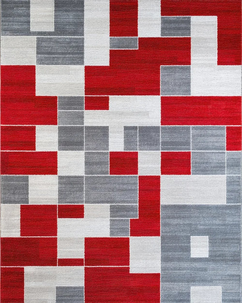 Bold Red Gray Geometric Block Rug - Cutout View