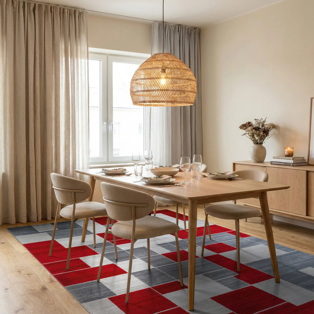 Bold Red Gray Geometric Block Rug - Dining Room View