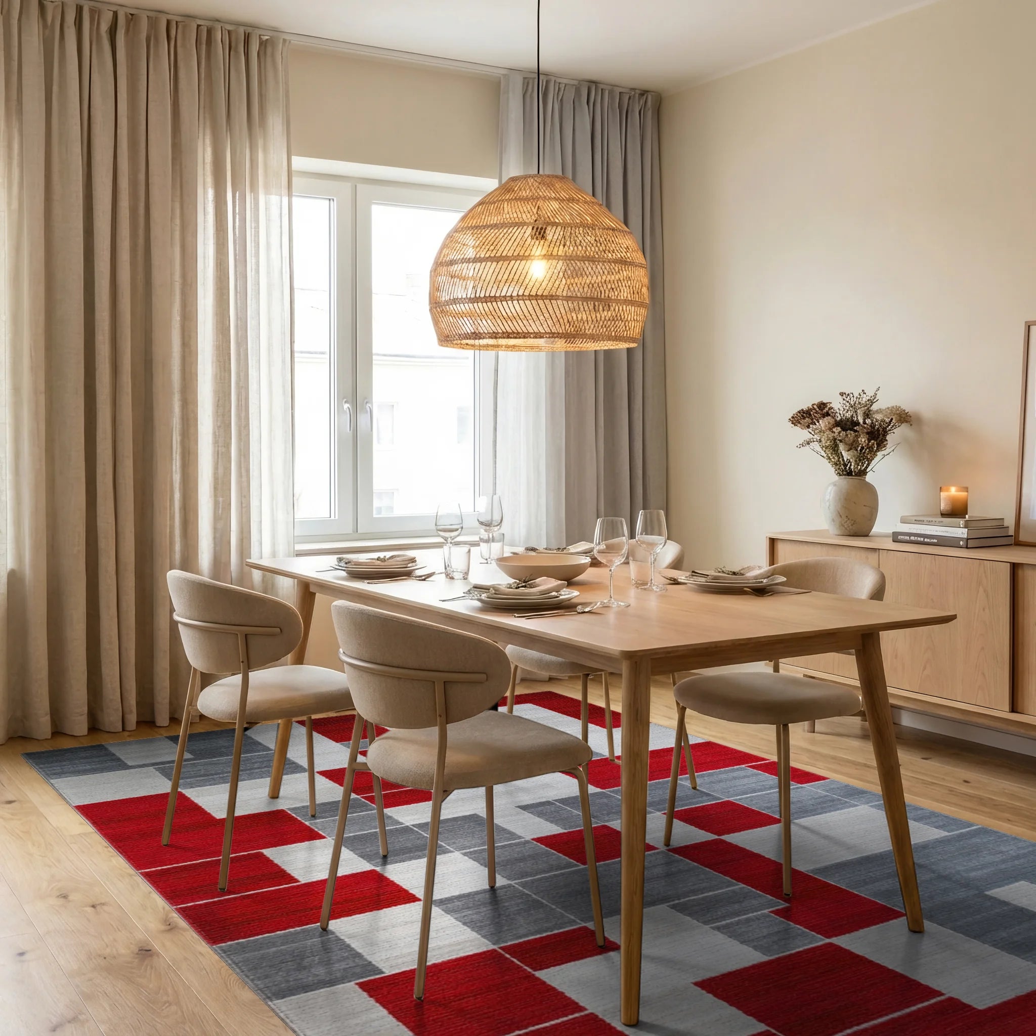 Bold Red Gray Geometric Block Rug - Dining Room View