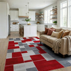 Bold Red Gray Geometric Block Rug - Living Room View