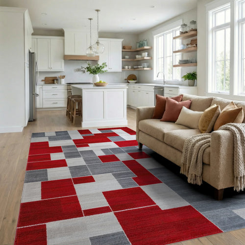 Bold Red Gray Geometric Block Rug - Living Room View