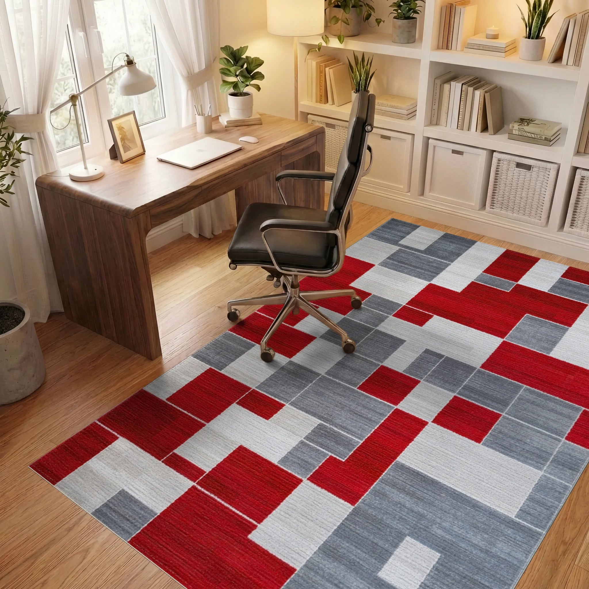 Bold Red Gray Geometric Block Rug - Office View