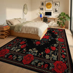 Bold Red Rose Floral Classic Design Rug - Bedroom View