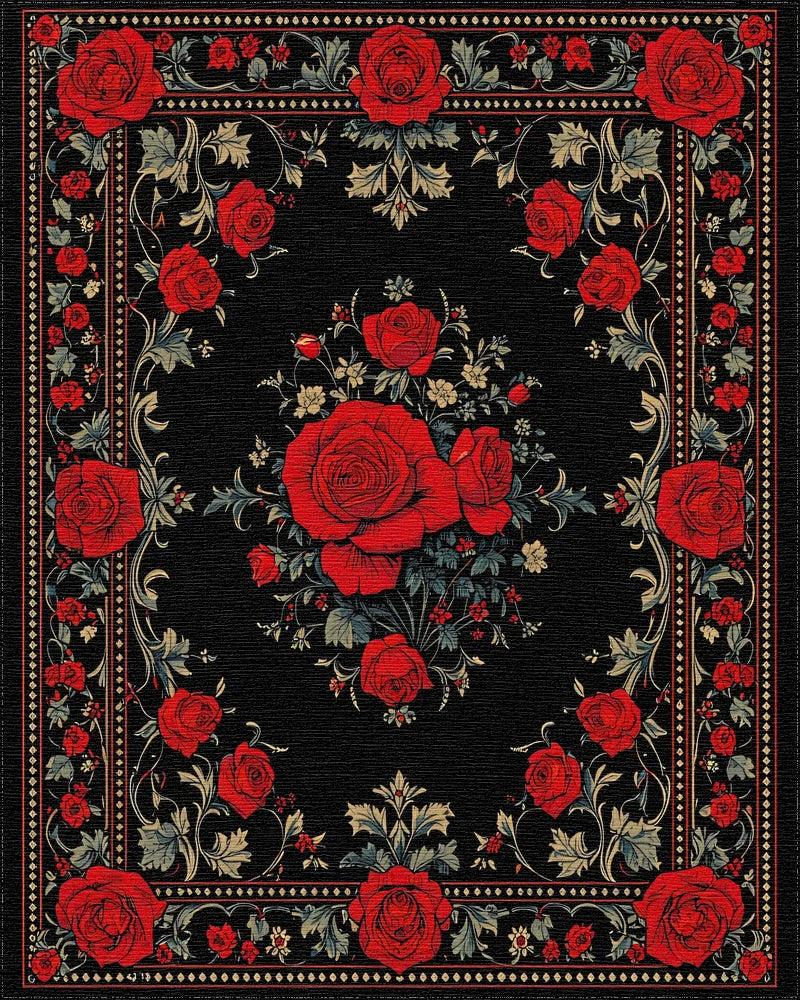 Bold Red Rose Floral Classic Design Rug - Cutout View