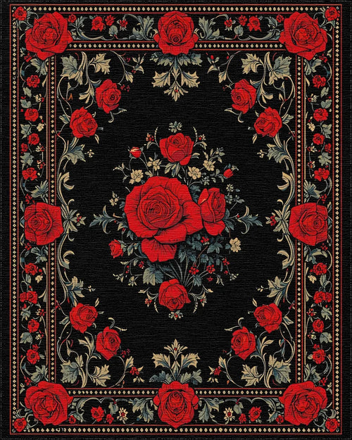 Bold Red Rose Floral Classic Design Rug - Cutout View