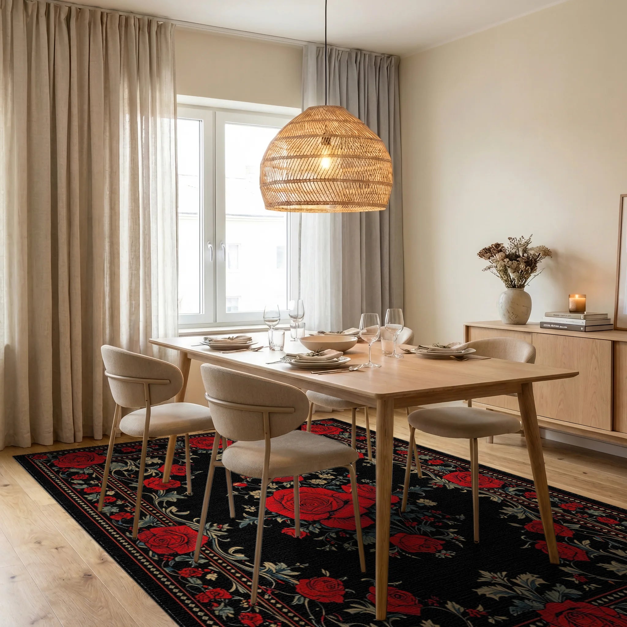 Bold Red Rose Floral Classic Design Rug - Dining Room View