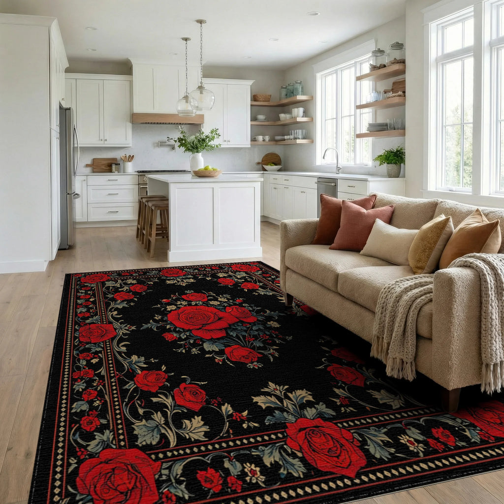 Bold Red Rose Floral Classic Design Rug - Living Room View