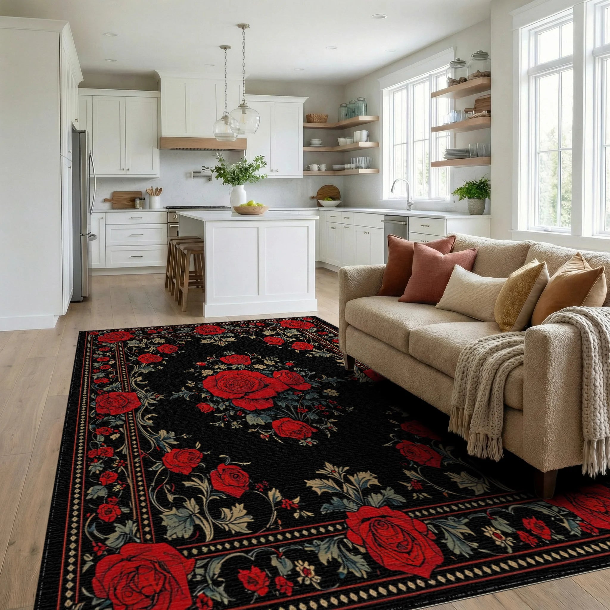 Bold Red Rose Floral Classic Design Rug - Living Room View
