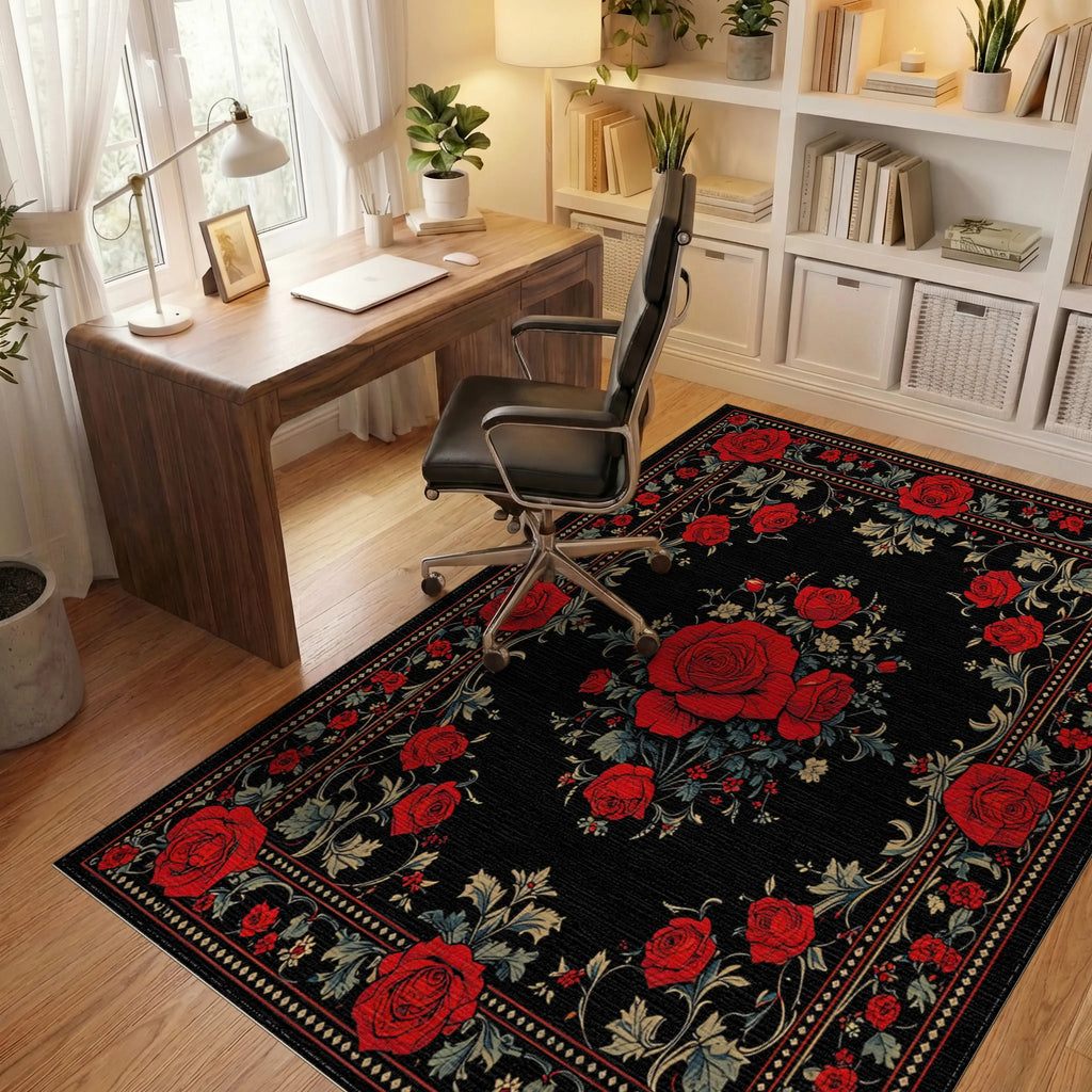 Bold Red Rose Floral Classic Design Rug - Office View