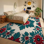 Bold Red Teal Floral Medallion Rug Bedroom View