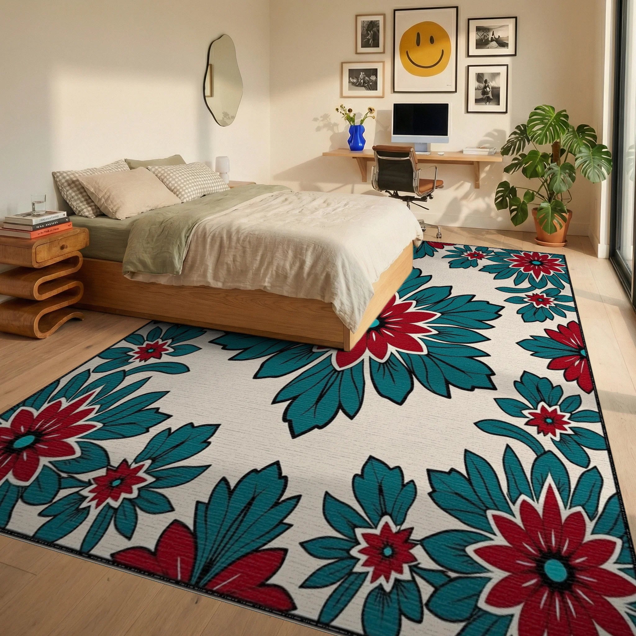 Bold Red Teal Floral Medallion Rug Bedroom View