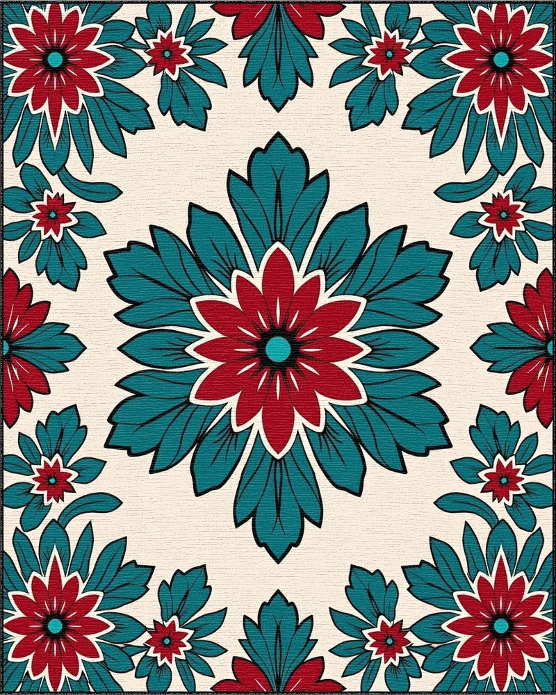 Bold Red Teal Floral Medallion Rug - Cutout View