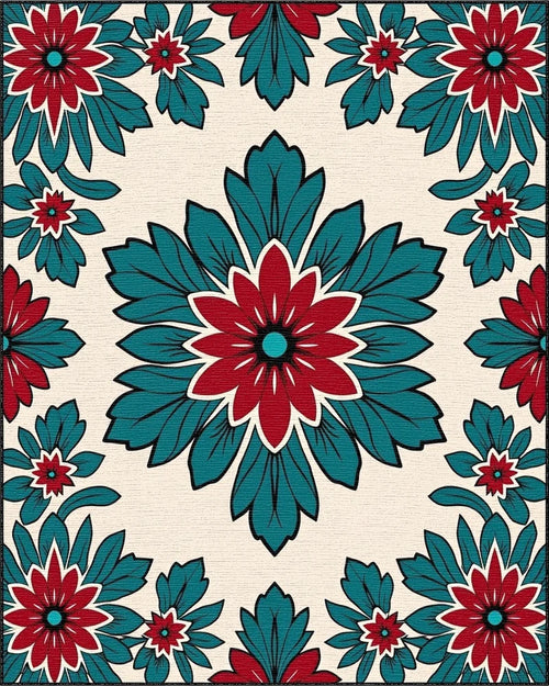 Bold Red Teal Floral Medallion Rug - Cutout View