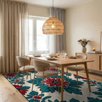 Bold Red Teal Floral Medallion Rug Dining Room View