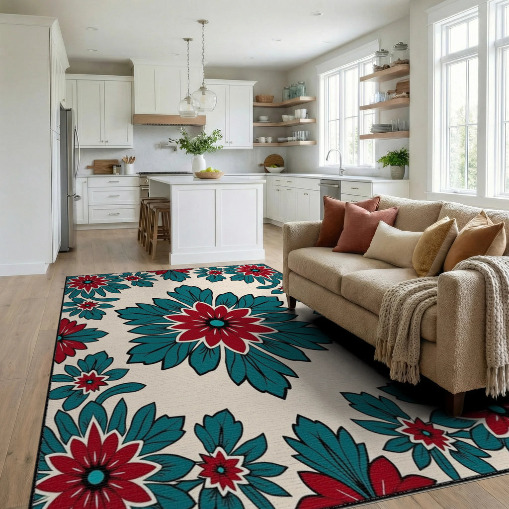 Bold Red Teal Floral Medallion Rug Living Room View