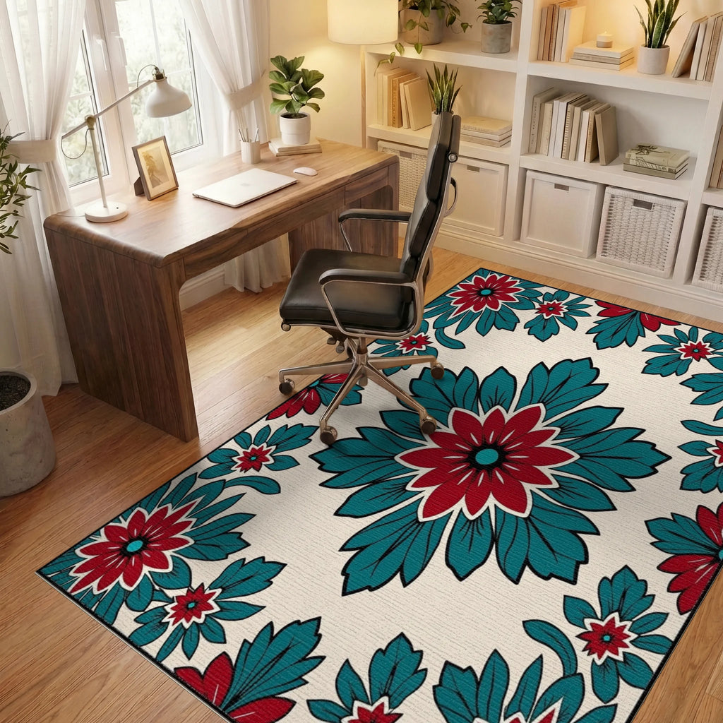 Bold Red Teal Floral Medallion Rug Office View