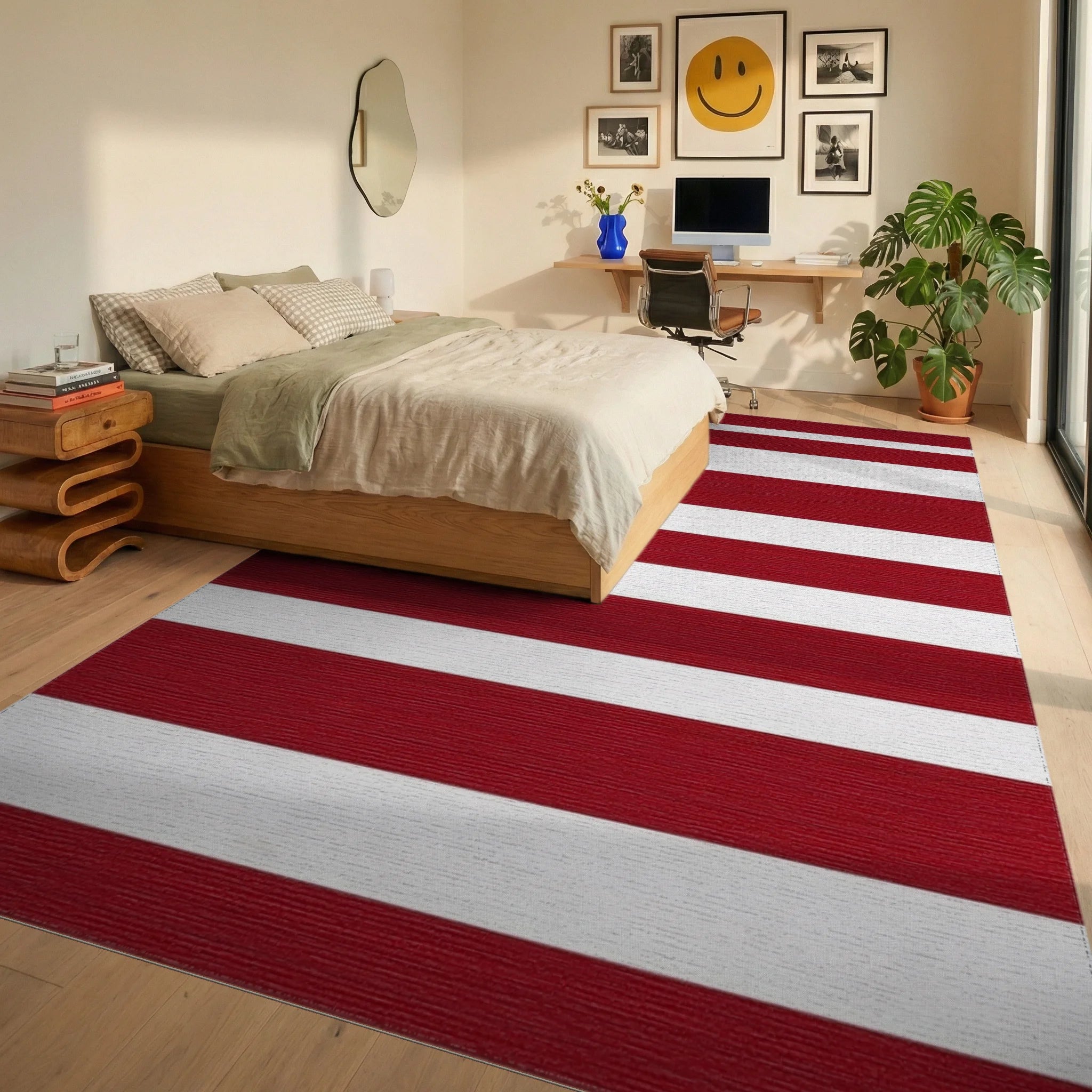Bold Red White Star Field Rug - Bedroom View