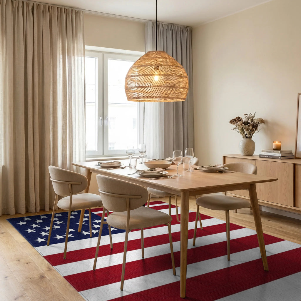 Bold Red White Star Field Rug - Dining Room View
