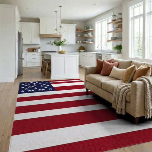 Bold Red White Star Field Rug - Living Room View
