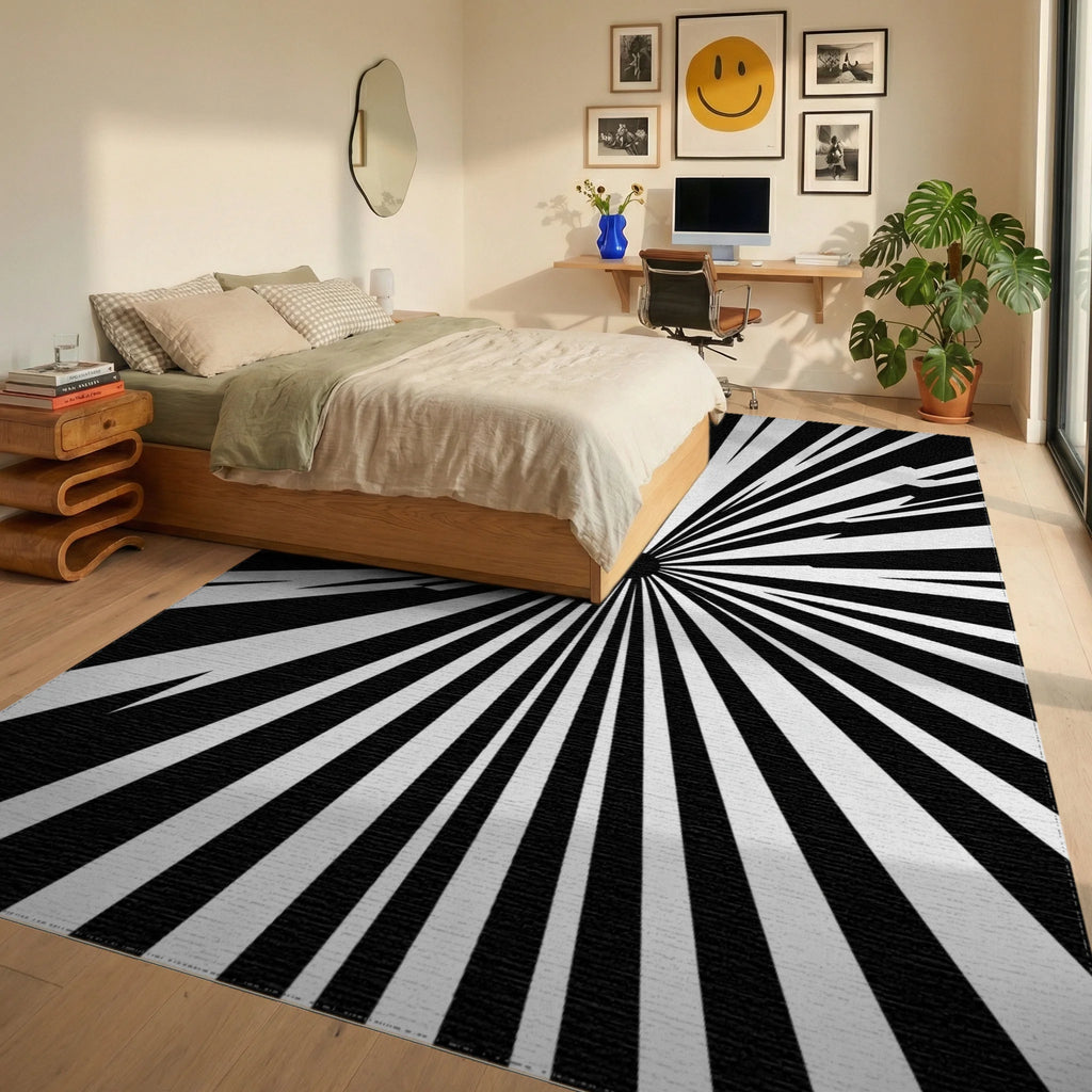 Bold Sunburst Black White Pattern Rug Bedroom View