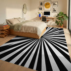 Bold Sunburst Black White Pattern Rug Bedroom View