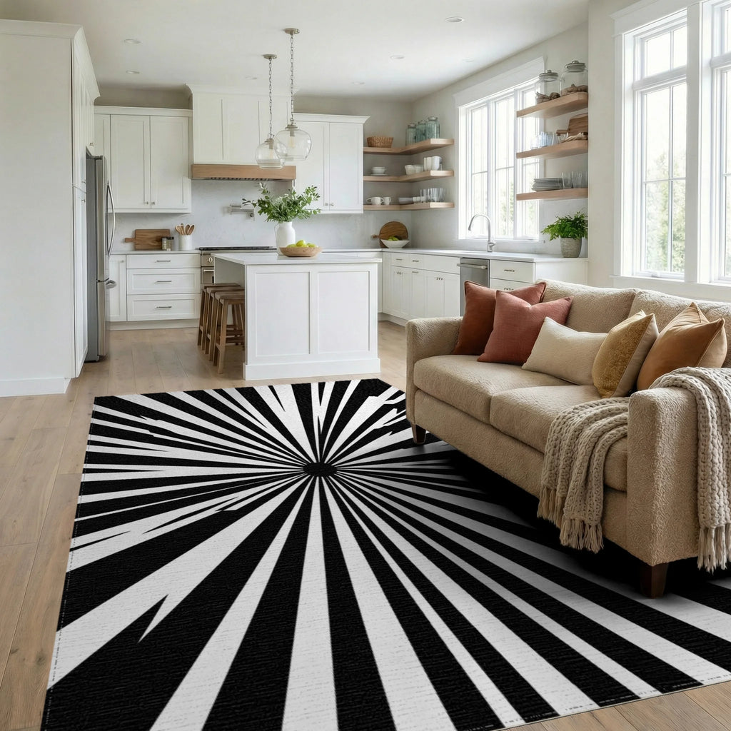 Bold Sunburst Black White Pattern Rug Living Room View