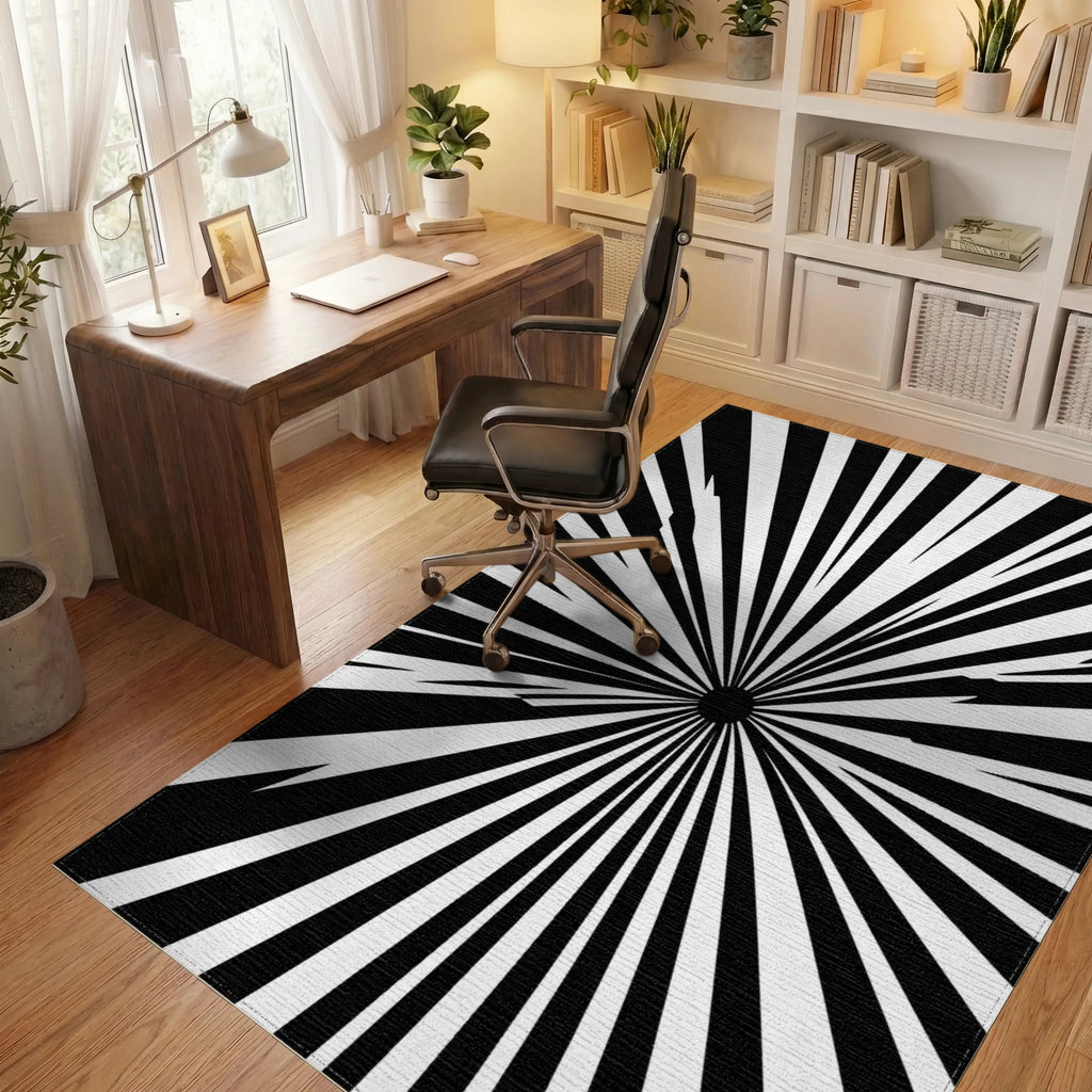 Bold Sunburst Black White Pattern Rug Office View
