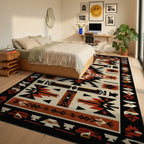 Bold Terracotta Black Geometric Rug - Bedroom View