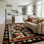 Bold Terracotta Black Geometric Rug - Living Room View