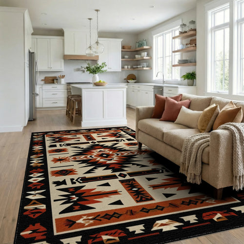 Bold Terracotta Black Geometric Rug - Living Room View