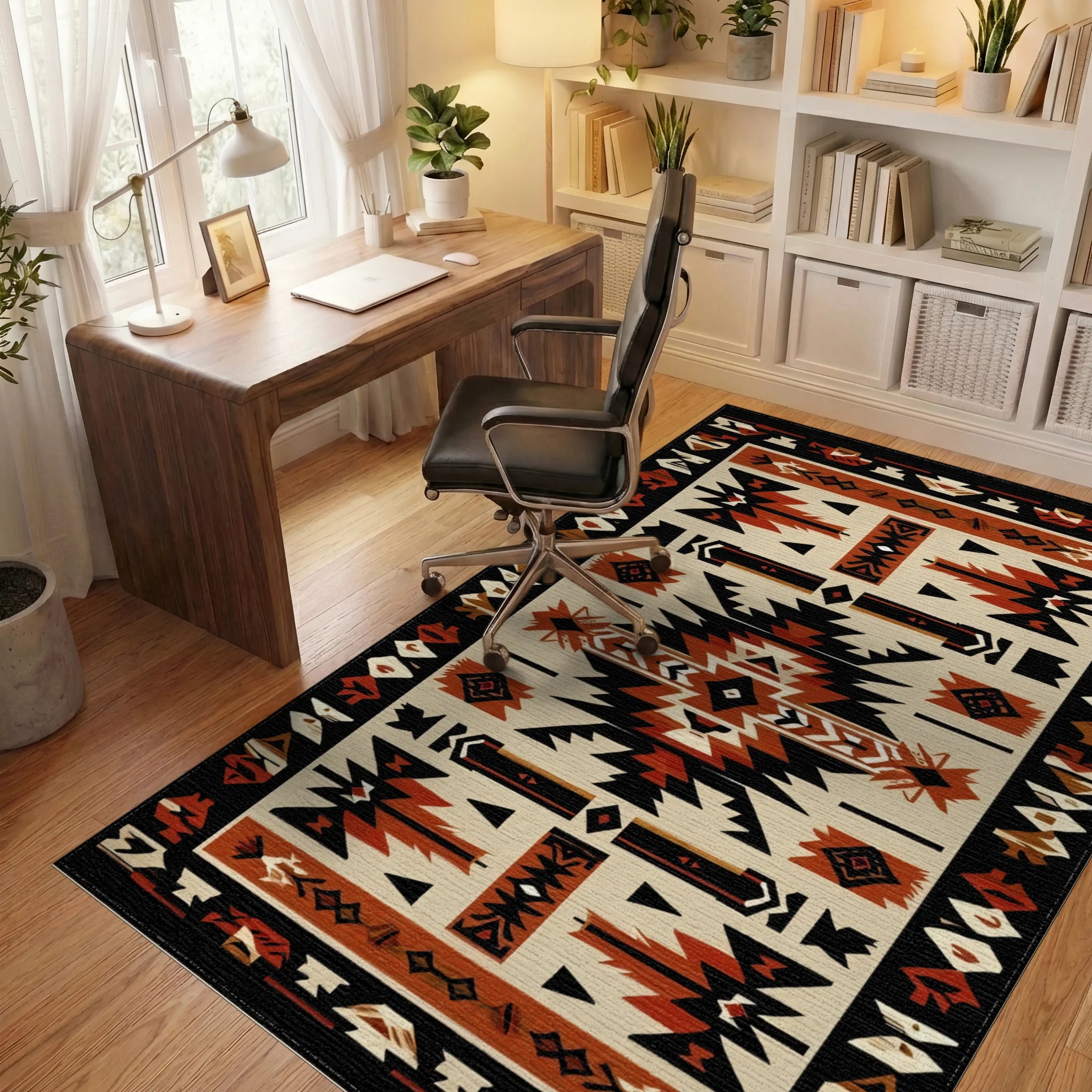 Bold Terracotta Black Geometric Rug - Office View