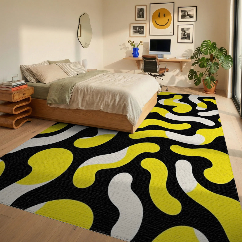 Bold Yellow and White Organic Whimsy Rug Bedroom View