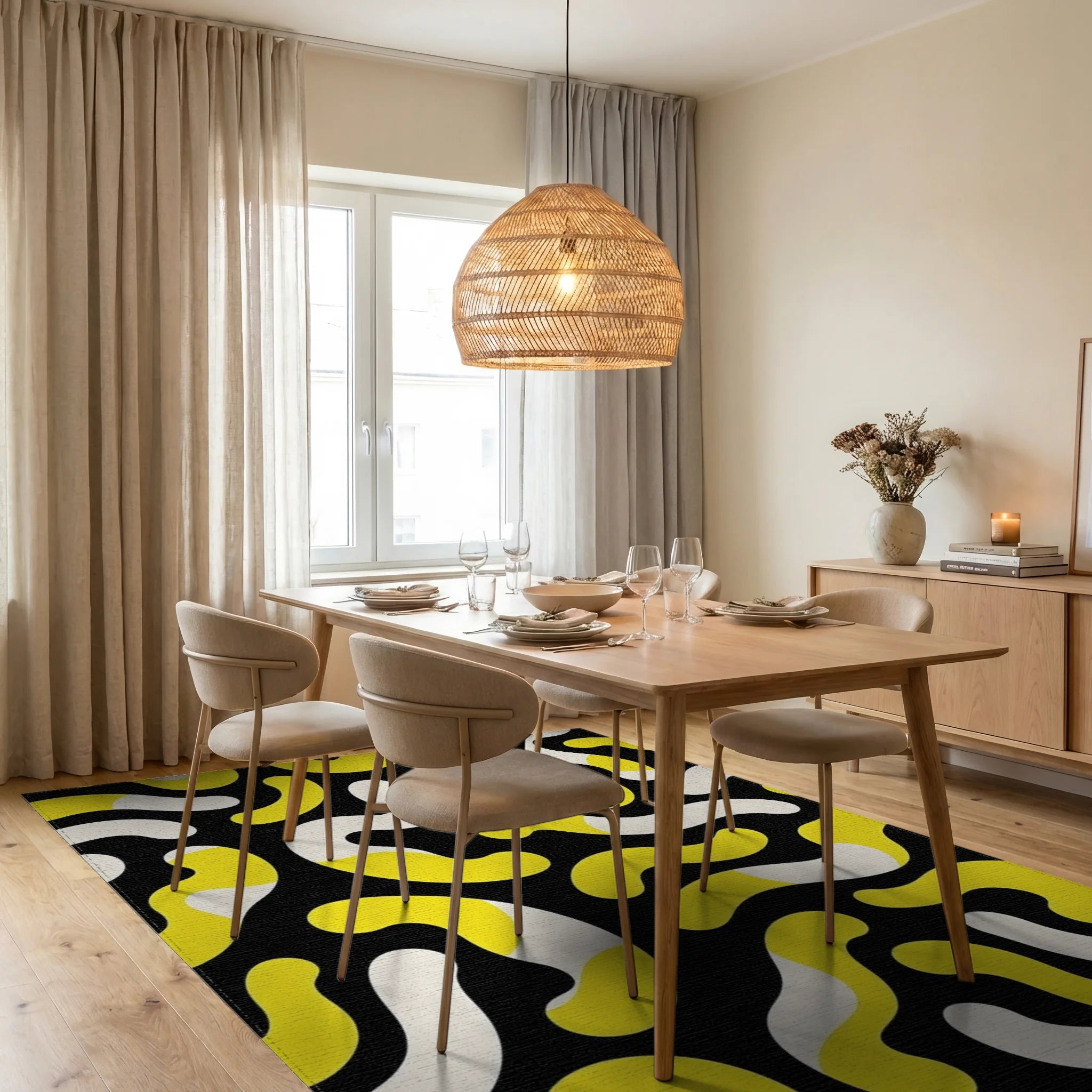 Bold Yellow and White Organic Whimsy Rug Dining Room View