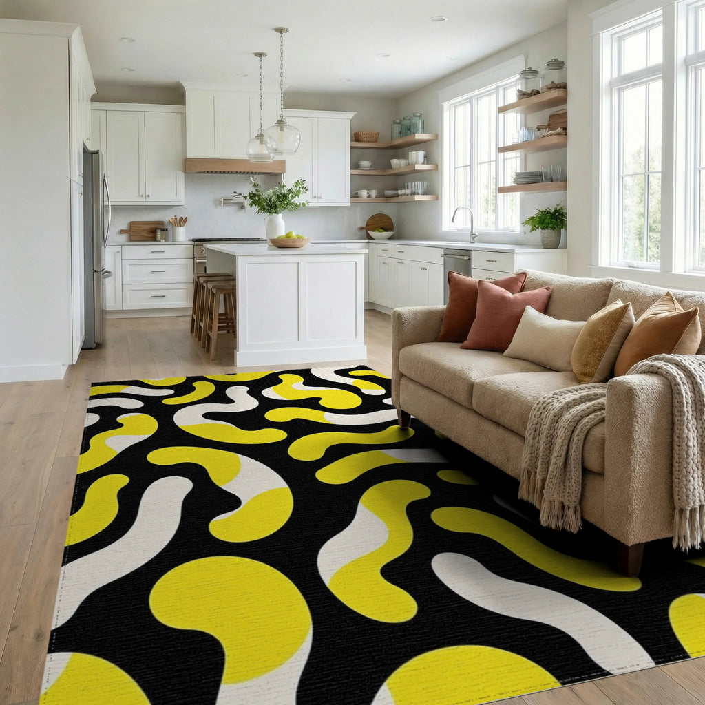Bold Yellow and White Organic Whimsy Rug Living Room View